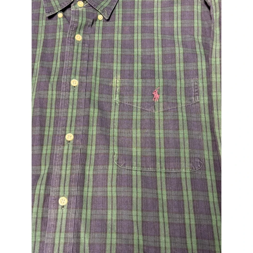 Ralph Lauren Big Shirt Mens Large Green Navy Blue Plaid Cotton Button Down Logo